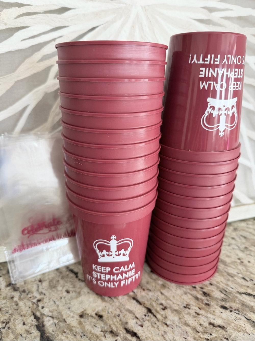 βStephanieβ 'Keep Calm' Stackable Party Cups-50th Birthday with Party Favor Bags